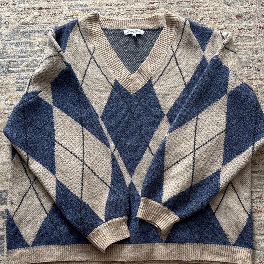 Grandpa Navy And Beige Argyle Crew Neck Sweater